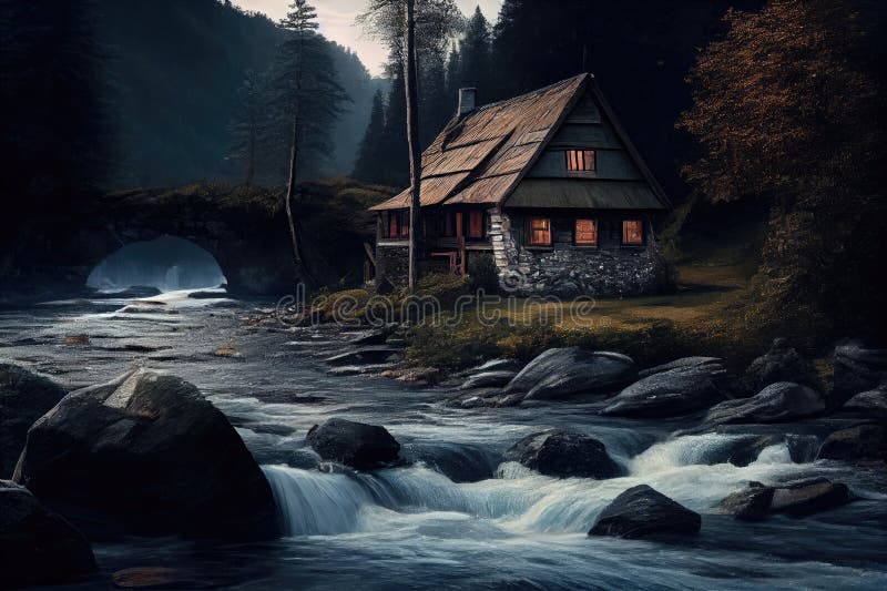 Rustic thatched house surrounded by forest, with rushing river in the background vector illustration
