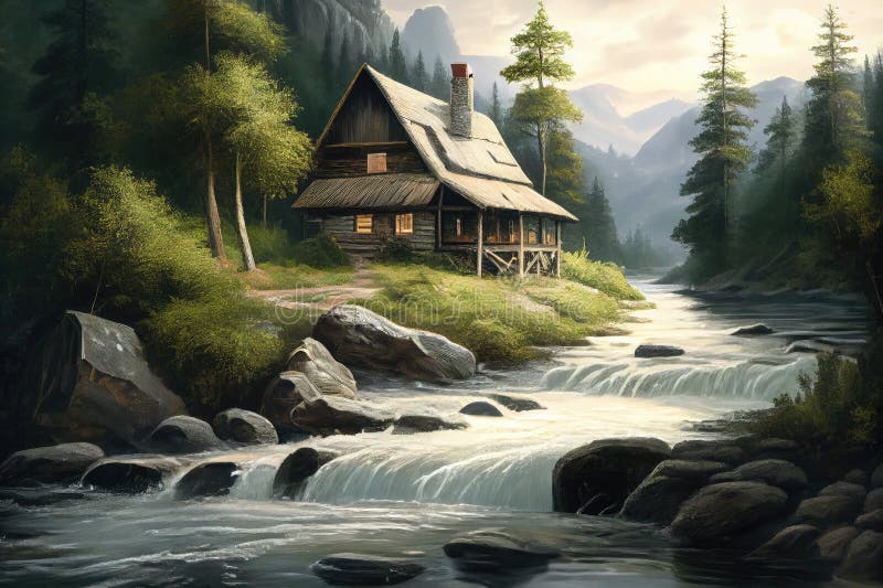 Rustic thatched house surrounded by forest, with rushing river in the background stock illustration