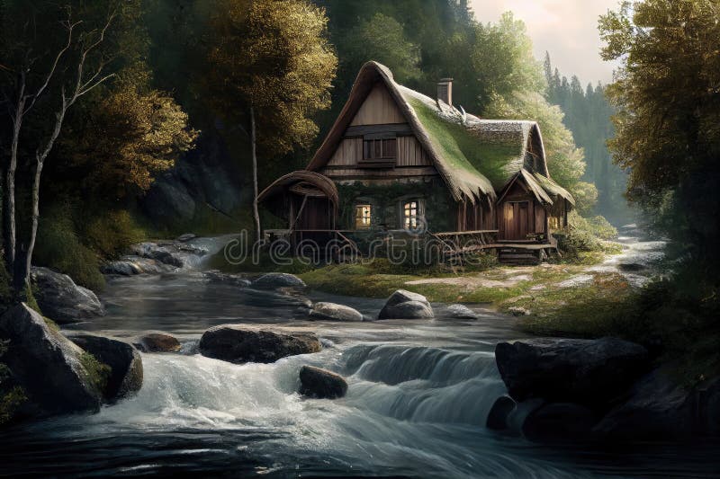 Rustic thatched house surrounded by forest, with rushing river in the background royalty free illustration