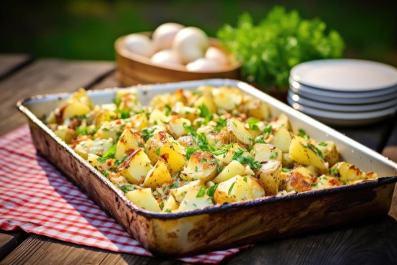 A rustic tray with a large serving of barbecue potato salad stock photo
