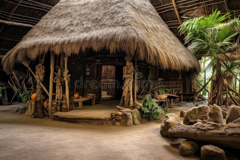 Rustic tribal hut with thatched roof and artifacts stock illustration