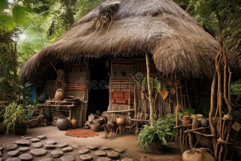 Rustic tribal hut with thatched roof and artifacts stock illustration