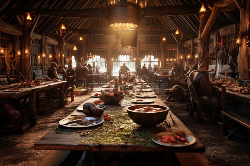 Rustic Viking feast hall, where long wooden tables are laden with roasted meats, hearty stews, and flagons of mead illustration