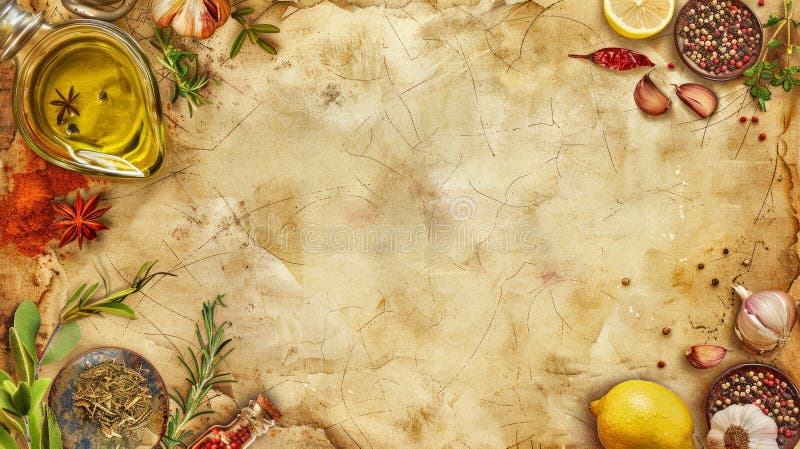 Rustic Vintage Cooking Background showcasing various ingredients and herbs. Ideal for Italian cuisine themes, food blogs