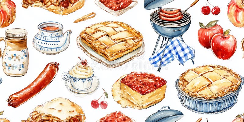 Rustic Watercolor American Picnic Food BBQ Apple Pie Seamless Print Delicious Culinary Theme for design Textil packaging vektor illustrationer