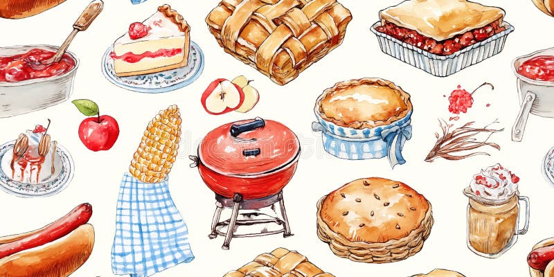Rustic Watercolor American Picnic Food BBQ Apple Pie Seamless Print Delicious Culinary Theme for design Textil packaging stock illustrationer