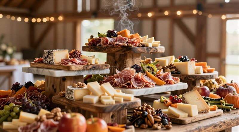 Rustic wedding charcuterie and cheese buffet display in barn for catering background and event table banner design royalty free stock images