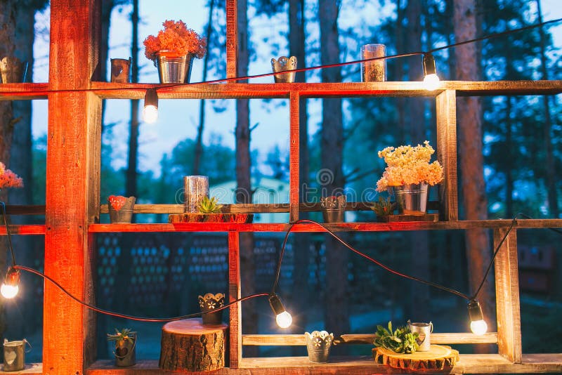 Rustic Wedding Decor, Shelf Stand with Lilac Arrangements and Su Stock