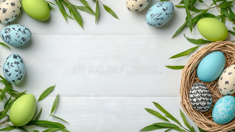 A rustic white wooden background features minimal Easter eggs and greenery stock photography