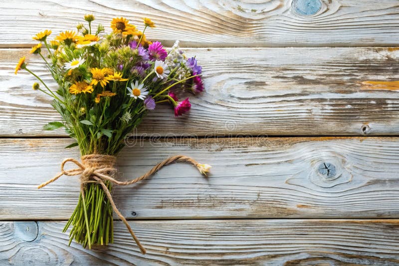 Rustic Whitepred Wood Tło z Wildflower Bouquet Mockup Idealny do fotografii wiosennych i latem oraz ilustracji