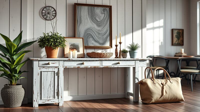 Rustic Whitewased Console Table with Poted Rośliny and Candles A Jasny i Stylowy Home Decor Image for Inspiration ilustracja wektor