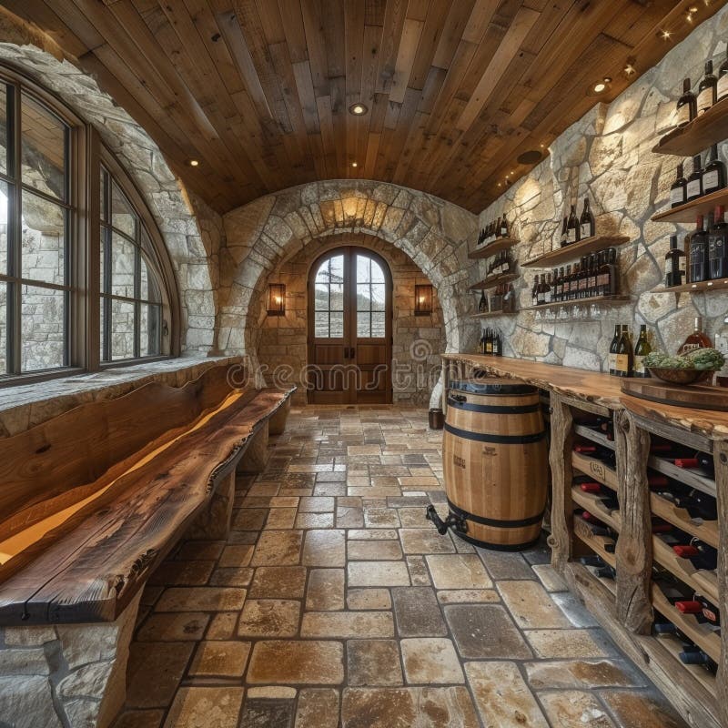 Rustic Wine Cellar with Stone Walls and Wooden Wine Racks Stock Image