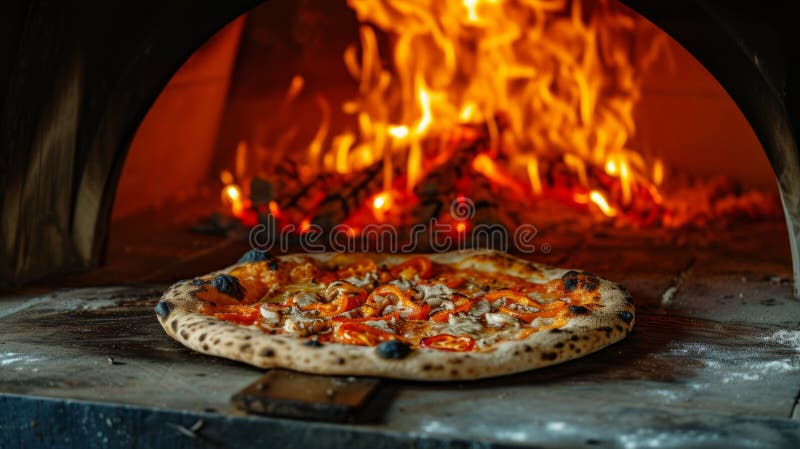 A Rustic Wood-fired Pizza Oven, Flames Dancing Around a Freshly Baked