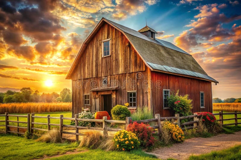 Rustic wooden barn at sunset, surrounded by a split-rail fence, vibrant flowers, and golden fields. Dramatic sky with sun rays vector illustration