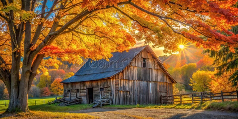 Rustic wooden barn in vibrant autumn landscape with sun rays. Generative AI royalty free illustration