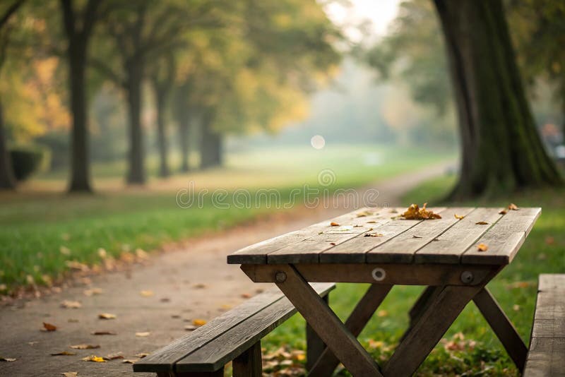 Background with wooden deck table. Empty wooden deck table with park bokeh background vector illustration