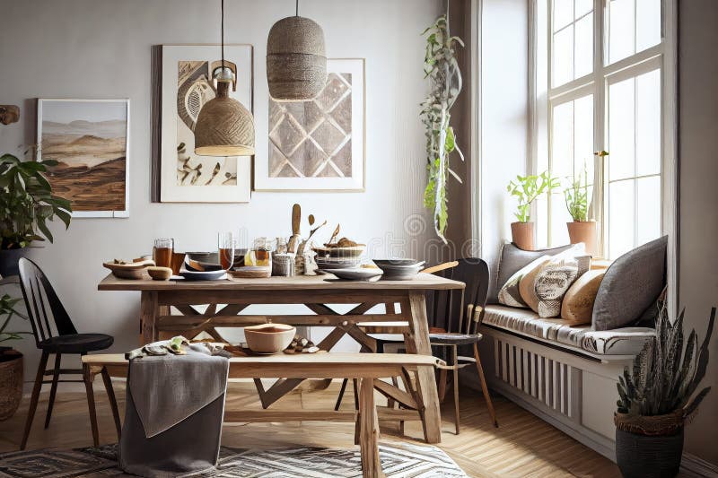 Rustic Wooden Dining Table Surrounded by Scandiboho Decor Stock