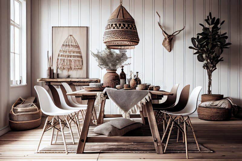 Rustic Wooden Dining Table Surrounded by Scandiboho Decor Stock