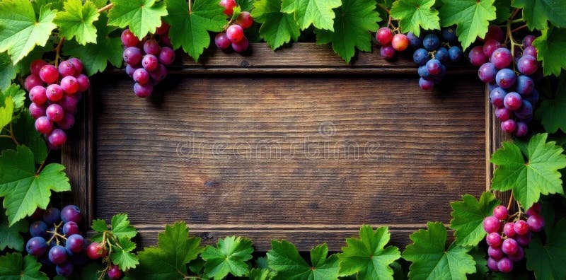 Rustic wooden frame lush grapevine ripe rapevine, εικόνα σταφυλιών ελεύθερη απεικόνιση δικαιώματος