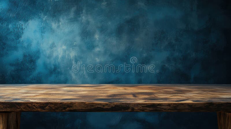 Rustic Wooden Table against Textured Blue Background in Studio royaltyfri illustrationer