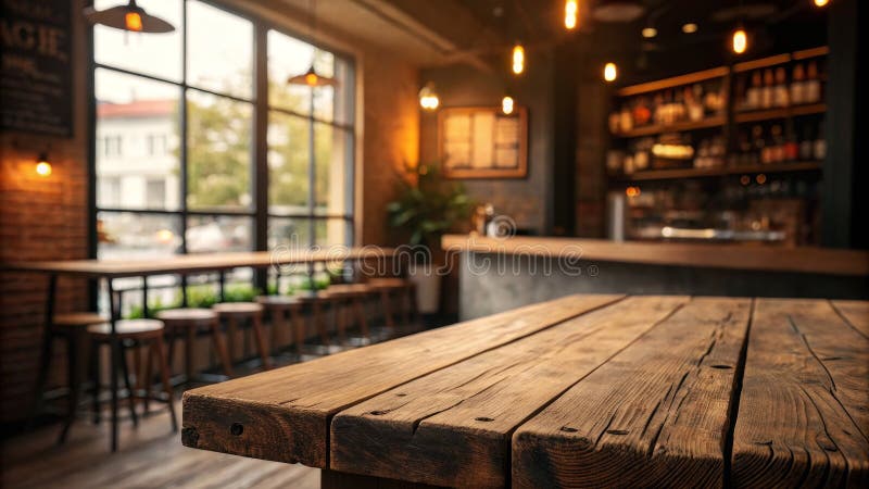 Rustic Wooden Table in Blurred Bar Setting, Warm Lighting, Bokeh, Wooden Texture, Bar Interior, Pub, Cafe Restaurant , This photo was created using generative AI. Lighting bokeh illustrations