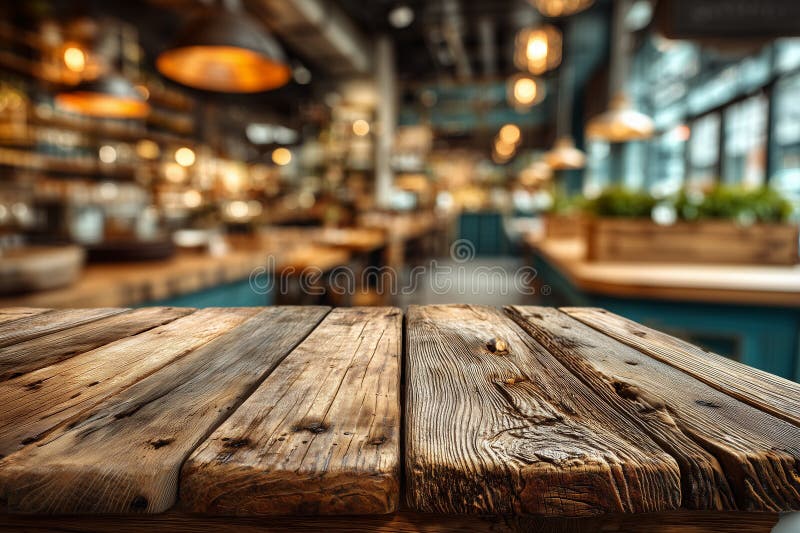 Rustic wooden table in blurred cafe setting stock illustration