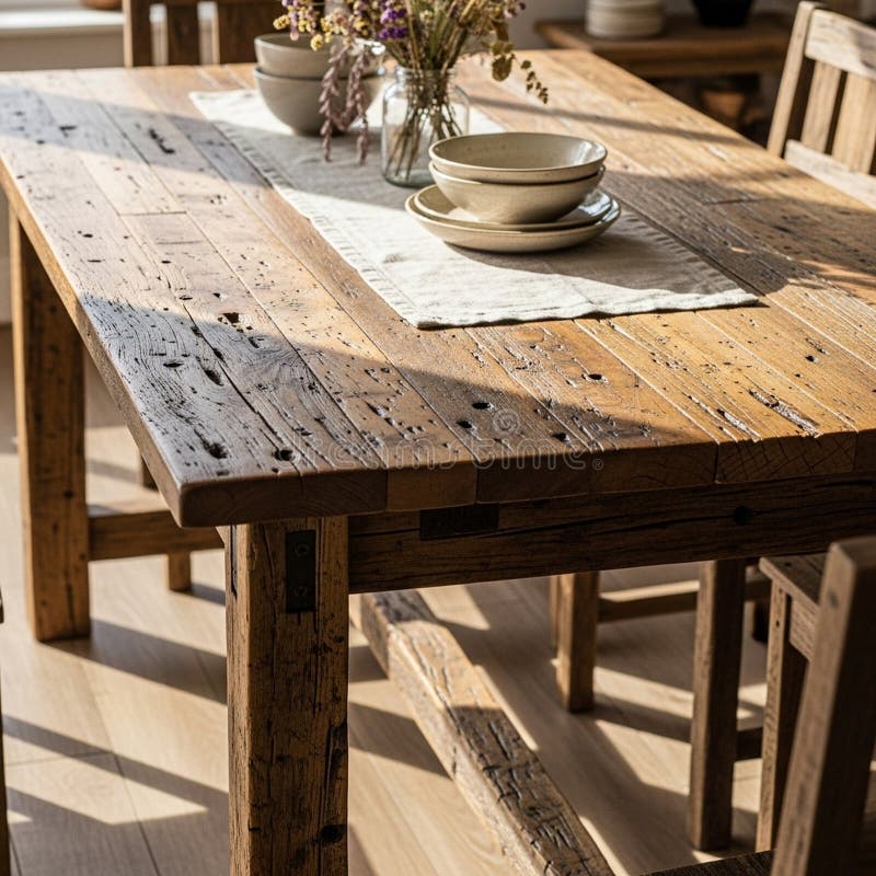 A rustic wooden table crafted from reclaimed wood, featuring a textured surface with royalty free illustration