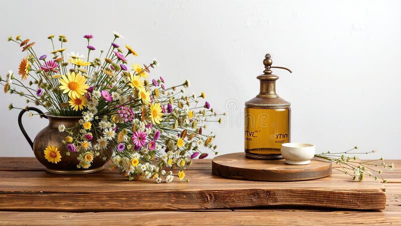 Rustic Wooden Table Display Featuring Wildflowers and an Antique Vase A Stylish Product Photography Showcase for vector illustration