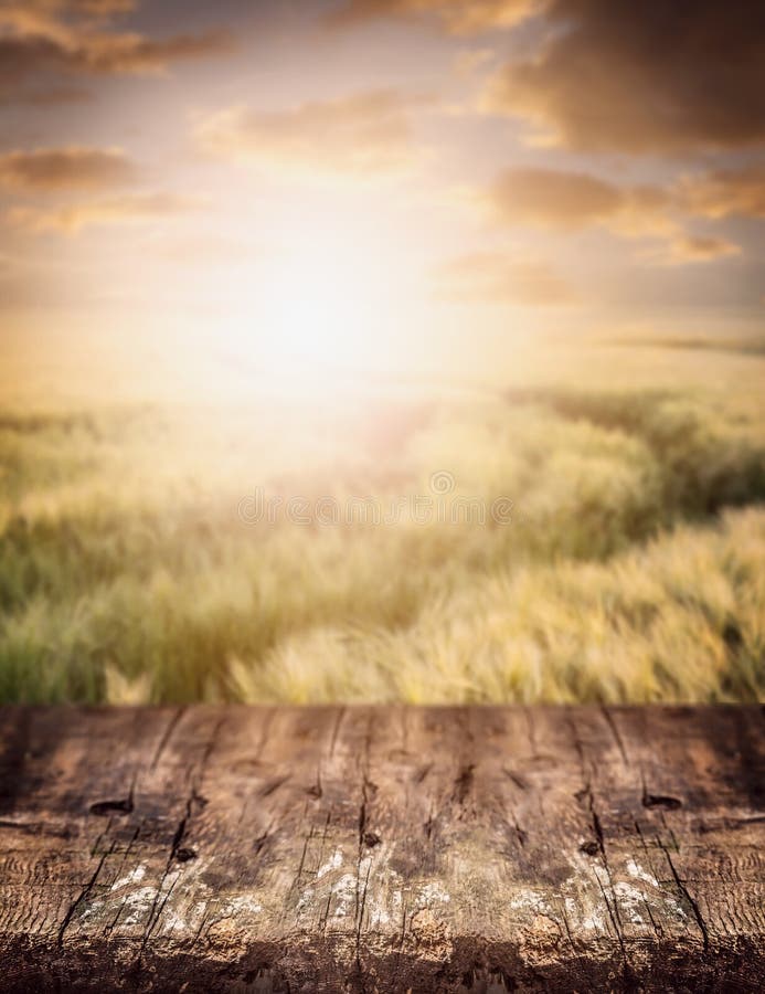 Rustic wooden table over wheat field and sunset sky, nature background.