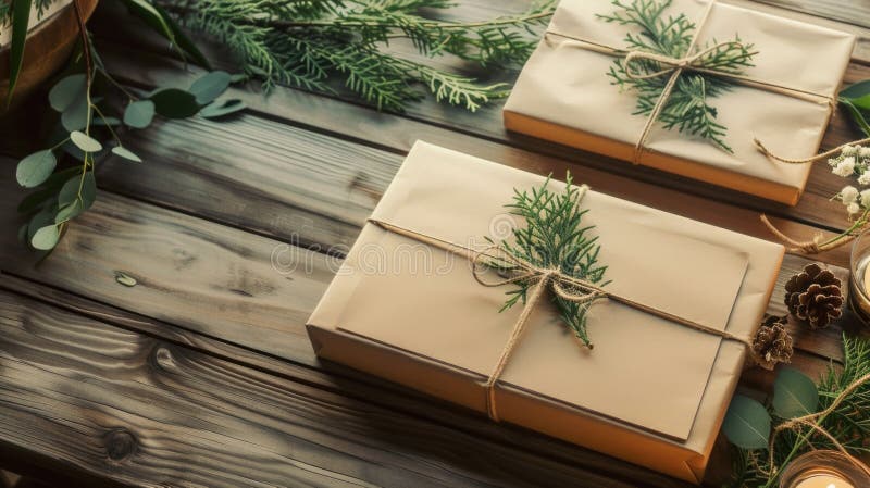 On a rustic wooden table, two gift boxes are elegantly wrapped in brown paper and secured with twine, offering ample stock image