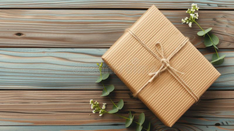 On a rustic wooden table, two gift boxes are elegantly wrapped in brown paper and secured with twine, copy space for royalty free stock images
