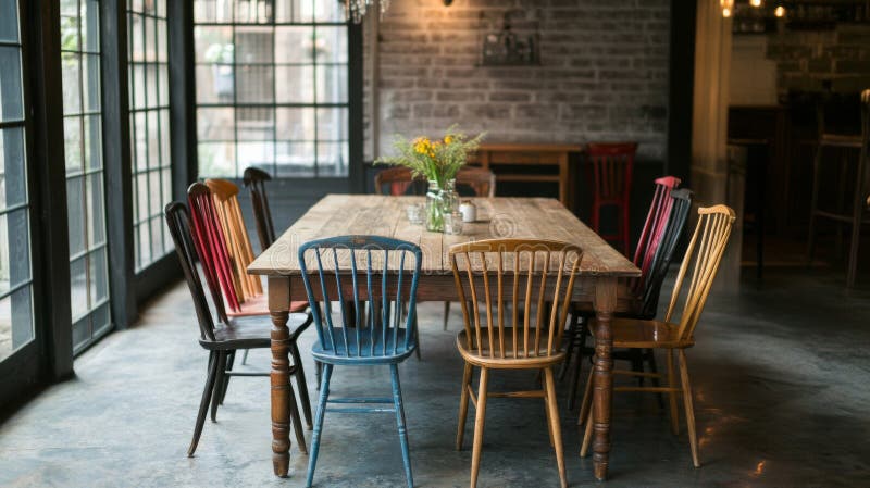 Rustikale Holztische und Vintage-Stühle im Café Räume lizenzfreie abbildung