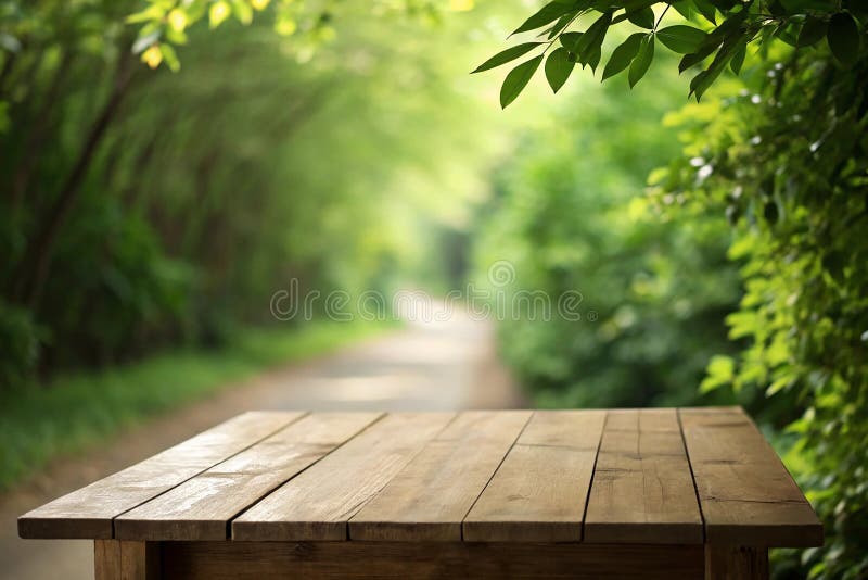 Empty wooden table with foliage bokeh background. Empty wooden table with foliage bokeh background, template design vector illustration