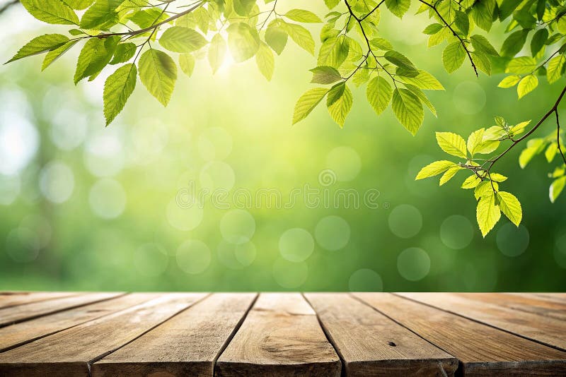 Close up top wooden table with sunny abstract green nature background, blurred bokeh stock illustration