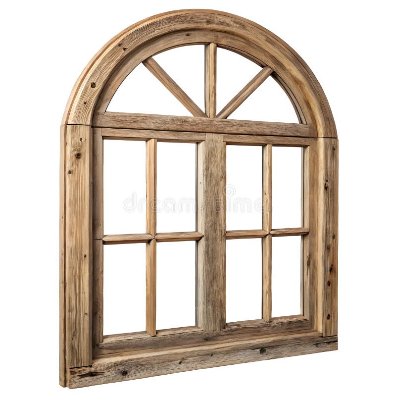 Rustic wooden window frame with arched design isolated on white background royalty free illustration