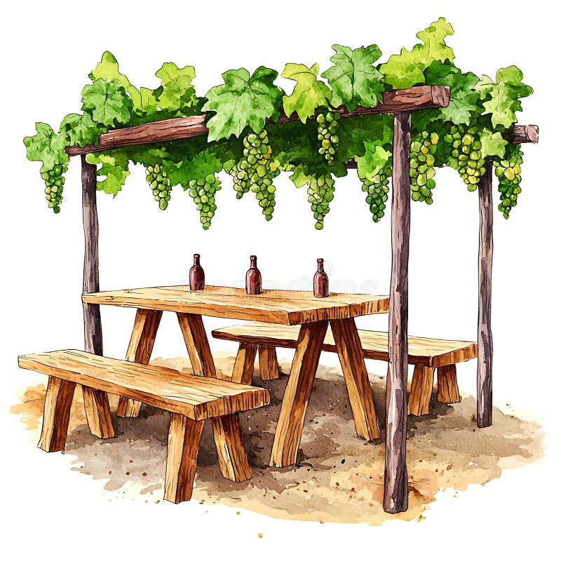 Rustic Wooden Πικνίκ Κάτω από το Grapevine Arbor Μια γοητευτική απεικόνιση ενός ξύλινου τραπεζιού και παγκάκια σκιασμένα από μια α διανυσματική απεικόνιση