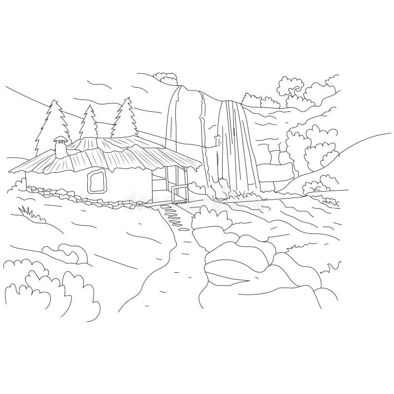Rustic Κλέι House by Waterfall Line Art Απεικόνιση απλής γραμμής που απεικονίζει ένα ανθεκτικό πήλινο σπίτι εστιασμένο σε φυσικό τ διανυσματική απεικόνιση