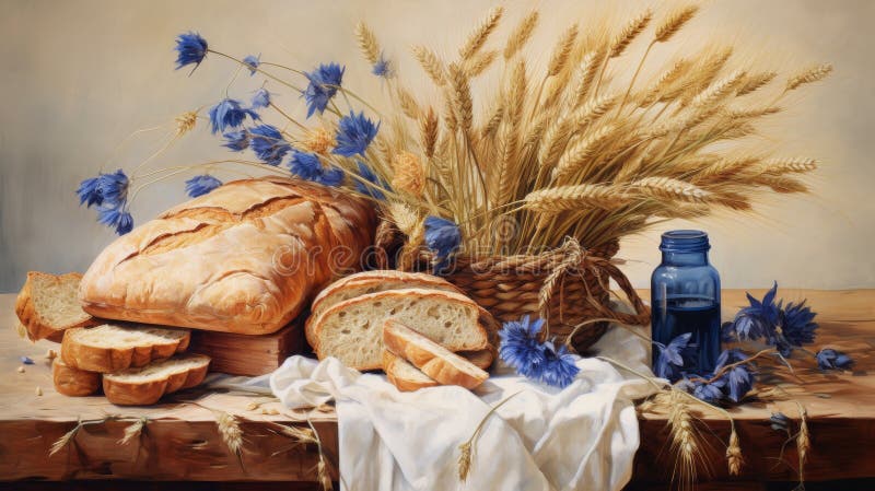 Rustico ancora vita fiori blu grano in vasi di argilla pane fatto in casa sulla tavola dei contadini illustrazione di stock