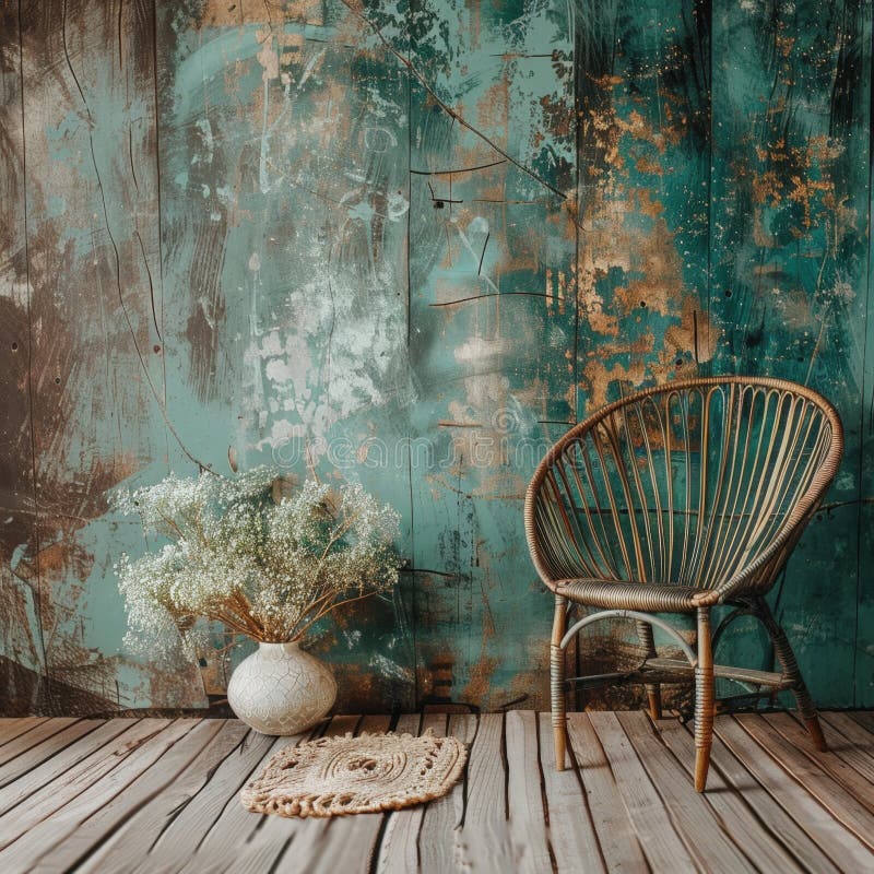 Rustieke kamer met rieten stoel en vaas stock illustratie