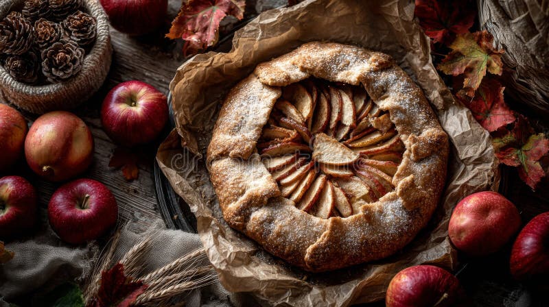 Rustikale Apfelgalette mit Herbstblättern vektor abbildung