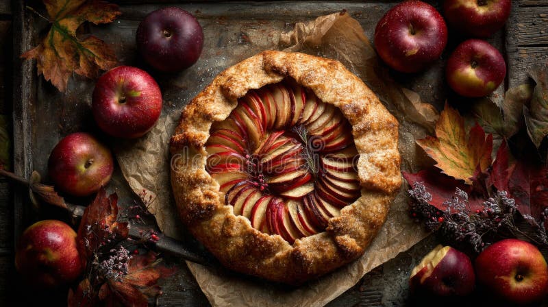 Rustikale Apfelgalette mit roten Äpfeln und Herbstblättern stock abbildung