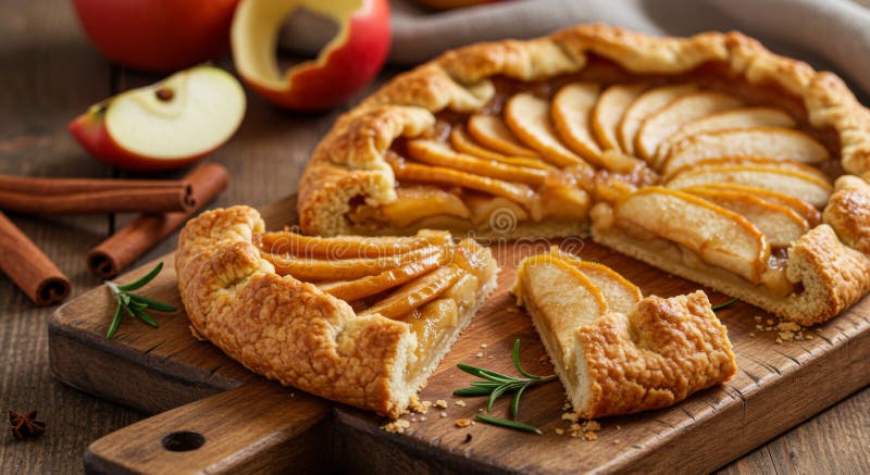 Rustikale Apfelgalette mit Zimt auf Holzbrett lizenzfreie abbildung