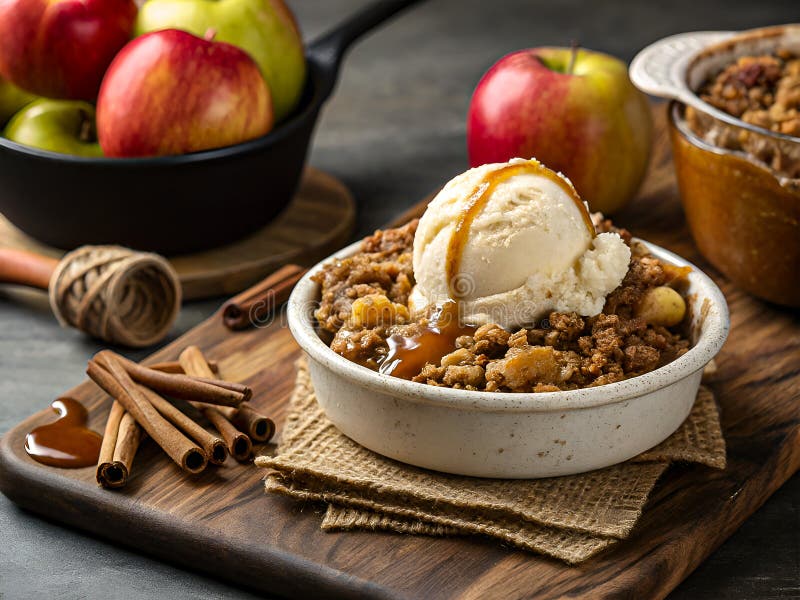Rustikale Apple Crisp mit Vanilla Ice Cream und Caramel Drizzle. Köstlicher Hintergrund vektor abbildung
