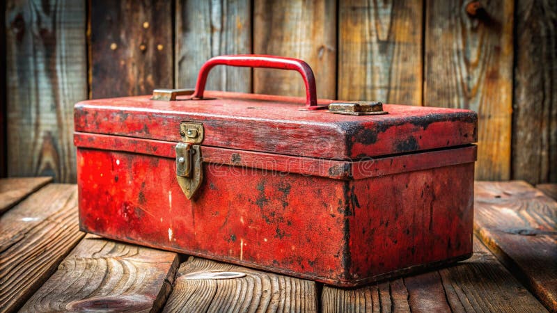 Rustikale Charm Industrial Stärke Vintage Red Metal Toolbox für Workshop oder Home Storage stock abbildung