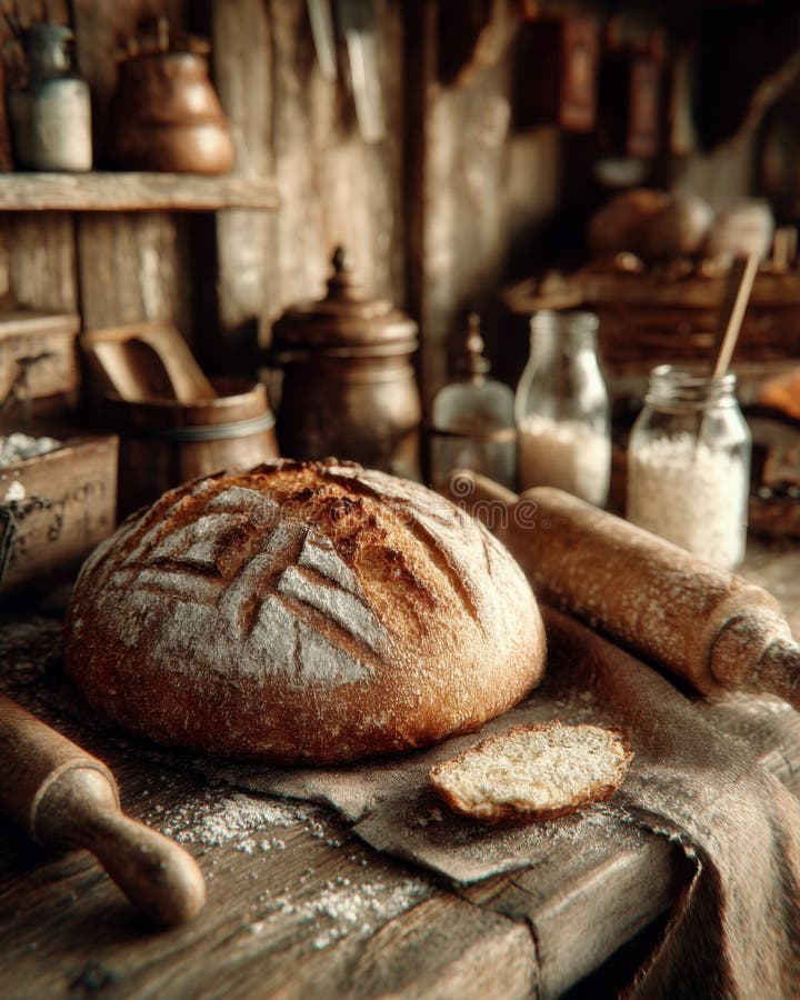 Rustikale hausgemachte Brotlaibe auf Holztisch lizenzfreie abbildung