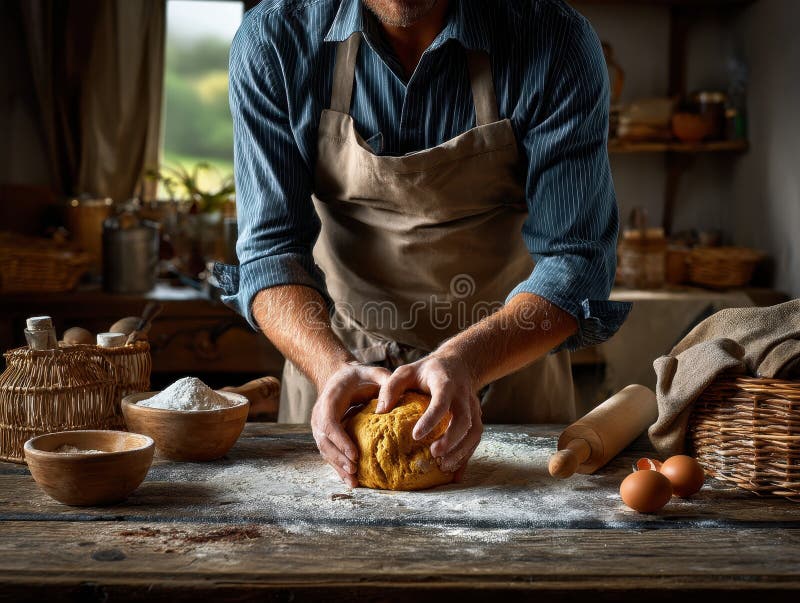 Rustikale hausgemachte Brotsorten in gemütlicher Küche mit Mehl und Eiern vektor abbildung