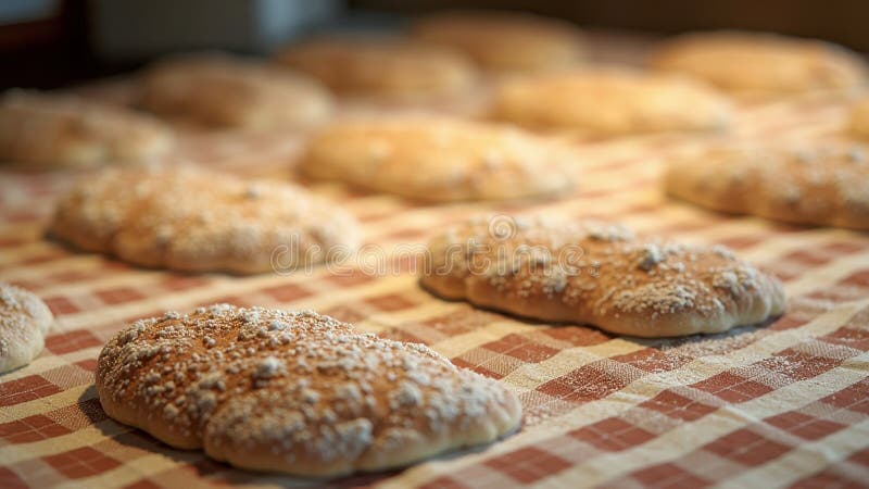 Rustikale hausgemachte Brötchen auf karierten Tischdecken in weichem Fokus vektor abbildung