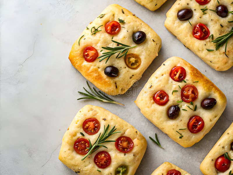 Rustikale hausgemachte Focaccia mit lebhaften Toppings. Freshly Baked Artisan Brot. Köstlicher Hintergrund lizenzfreie abbildung
