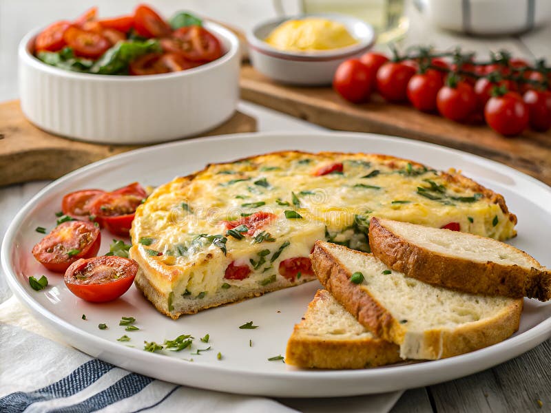 Rustikale hausgemachte Frittata mit frischen Tomaten und künstlerischem Brot. Cosy Brunch Delight. Köstlicher Hintergrund vektor abbildung