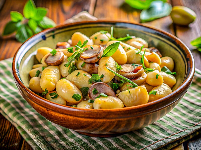 Rustikale hausgemachte Gnocchi mit Pilzen und frischen Kräuter. Gemütliches Komfort. Köstlicher Hintergrund stock abbildung